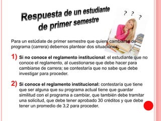 Para un estúdiate de primer semestre que quiere cambiarse de 
programa (carrera) debemos plantear dos situaciones: 
1) Si no conoce el reglamento institucional: el estudiante que no 
conoce el reglamento, al cuestionarse que debe hacer para 
cambiarse de carrera; se contestaría que no sabe que debe 
investigar para proceder. 
2) Si conoce el reglamento institucional: contestaría que tiene 
que ser alguna que su programa actual tiene que guardar 
similitud con el programa a cambiar, que también debe tramitar 
una solicitud, que debe tener aprobado 30 créditos y que debe 
tener un promedio de 3,2 para proceder. 
 