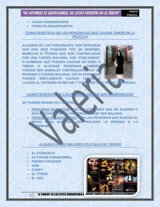 “DE HOMBRES ES EQUIVOCARSE, DE LOCOS PERSISTIR EN EL ERROR” Valeria
Valencia.
5 “A todos se les está permitido pensar, pero muchos se lo ahorran”
 CASAS ABANDONADOS
 PUEBLOS ABANDONADOS
CARACTERÍSTICAS DE LOS PERSONAJES QUE CAUSAN TEMOR EN LA
PELÍCULA
ALGUNOS DE LOS PERSONAJES, SON PERSONAS
QUE HAN SIDO POSEÍDAS POR UN DEMONIO,
MUÑECOS O TÍTERES QUE SON CONTROLADOS
POR UNA FUERZA MALIGNA, SON “FANTASMAS”
O SOMBRAS QUE PUEDEN CAUSAR UN DAÑO O
TEMOR A ALGUNAS PERSONAS, TAMBIÉN
PUEDEN SER ANIMALES CONTROLADOS POR UN
DEMONIO O FUERZA MALIGNA. ESTAS PERSONAS
PUEDEN SIMPLEMENTE CAUSAR TEMOR O
LLEGAR AL EXTREMO DE MATAR Y TORTURAR A SU PRESA O PERSONA.
CARACTERÍSTICAS DE LOS PERSONAJES QUE SON ATEMORIZADOS
SE PUEDEN DIVIDIR EN 2 GRUPOS:
 PERSONAS INOCENTES: SON LAS PERSONAS QUE NO QUIEREN O
SON INOCENTES DE LA PRESENCIA DE ESE SER MALIGNO
 PERSONAS INTENCIONADAS: SON LAS PERSONAS QUE BUSCAN EL
MEDIO PARA QUE ESE SER MALIGNO LO PERSIGA O LO
ENDEMONIE.
ALGUNAS DE LAS MEJORES PELÍCULAS DE TERROR
 EL EXORCISTA
 ACTIVIDAD PARANORMAL
 FREDDY KRUEGER
 SAW
 CHUKY
 EL TÍTERE
 EL ARO
 