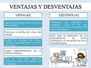 VENTAJAS Y DESVENTAJAS
DESVENTAJAS
Tendencia de considerar el
programa como un útil que
establece un límite de trabajo y de
responsabilidades.
Guía para la aplicación de los
procedimientos de forma
automática, sin necesidad de hacer
consideraciones.
VENTAJAS
Especifica el trabajo esencial que se
ha de realizar.
Facilita la creación de rutinas
metódicas que permiten un ahorro
de tiempo.
Asigna responsabilidades por el
trabajo realizado
Sirve de guía para ejercicios
posteriores como de reunión de
programas.
Promueve la distribución eficaz del
trabajo
 