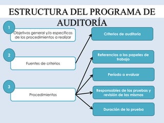 ESTRUCTURA DEL PROGRAMA DE
AUDITORÍA
Objetivos general y/o específicos
de los procedimientos a realizar
Procedimientos
Fuentes de criterios
Responsables de las pruebas y
revisión de las mismas
Criterios de auditoría
Referencias a los papeles de
trabajo
Período a evaluar
Duración de la prueba
1
2
3
 
