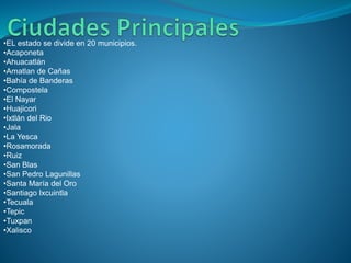 •EL estado se divide en 20 municipios.
•Acaponeta
•Ahuacatlán
•Amatlan de Cañas
•Bahía de Banderas
•Compostela
•El Nayar
•Huajicori
•Ixtlán del Rio
•Jala
•La Yesca
•Rosamorada
•Ruiz
•San Blas
•San Pedro Lagunillas
•Santa María del Oro
•Santiago Ixcuintla
•Tecuala
•Tepic
•Tuxpan
•Xalisco
 