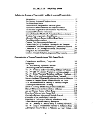 MATRIX 111.VOLUME TWO
Defining the Problem of Neurotoxicity and Environmental Neurotoxicity:
Introduction .................................................................................. 189
TheNervous System and Toxicant Access ..................................... 190
The Blood-Brain Barrier ..............................................................191
Pharmaceuticals. Drugs and the Nervous System ............................192
Exposure to Chemical Mixtures and InteractiveEffects .................. 193
ThePotentialMagnitude of EnvironmentalNeurotoxicity ...............193
Examples of NeurotoxicMechanisms ............................................194
GeneralAllopathicModel withPesticides inFood asExample ...... 195
Trends in NeurodegenerativeBrain Disease ....................................196
AllopathicEffortsto Bypassthe Blood-Brain Barrier ..................... 197
Partial List of Neurotoxicants ........................................................198
Common ToxicEnvironmental Chemicals......................................199
ChemicalAnaZysis of Deodorant. Shaving Geland Shampoo ......... 201
RecommendedNeurotoxic Referencesfor CommercialProducts ... 204
Compoundsin Use CausingBiochemical Neurotoxicity ................. 205
OccupationandNeurotoxic Risk ....................................................207
CommonNeurop~cholo~calSymptoms of Neurotoxiczty ..............207
Contaminationof Human Neurophysiology With Heavy Metals:
.......................................Contaminationwith Mercury Compounds 209
...................................................................................Background 209
......................................The Use of MercuryImplants in Dentistry 210
...........................................A Chronology of Research and Studies 210
The 1984Workshop on Biocompatibiiity of Metals in Dentistry .....211
.........The 1990CBS "60 Minutes" Program on Mercury Amalgam 213
......The 1994 British b'Panorama"Broadcast on Mercury Amalgam 214
.................The Effect of Mercury Compounds on Dental Personnel 216
Mercury Amalgam Fillings and Production of PeriodontalDisease ..216
Amalgam in Pregnant Humans: PlacentalBarrier and Fetus ............217
...........ADA Recommendationson Handling of Mercury Amalgam 217
............................................An Amalgam Manufacturer's Warning 218
..................Merck on Mercury: ThePsyching of a Poisoned Public -218
........................Mercury Metabolismand Detoxifkationin Humans 219
......................................Age and Mercury Content in Brain Tissue 219
......................................Detection of Mercury in the Human Body 220
.....................Correlation Between Mercury and Multiple Sclerosis 221
......................................CategoriesofMercury-Induced Pathology 221
...............Physiological Toxicology of Mercury in the Human Body 221
.. ...........................Animal Tests of SystemicMercury Absorption ._ 222
.....The 1991 University of Kentucky Study on Mercury Deposition 222
...The 1991 Study on TraceElement Deficienyin Alzheimer Brains 223
A 1990 Brain Research Study on Alzheirner and Heavy Metals ......223
 