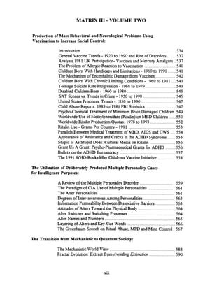 MATRIX I11 .VOLUME TWO
Production of Mass Behavioral and Neurological Problems Using
Vaccination to Increase Social Control:
Introduction ...................................................................................534
.......General Vaccine Trends .1920to 1990-and Rise of Disorders 537
Analysis:1981UK Participation- Vaccines and Mercury Amalgam ..537
...........................The Problem of Allergic Reaction to Vaccination 540
. .......Children Born With Handicaps and Limitations 1960to 1990 541
.................The Mechanism of EncephaliticDamage fiom Vaccines 542
. ....Children Born With Chronic Limiting Conditions 1969to 1981 543
..........................Teenage SuicideRate Progression .1968to 1979 543
..........................................Disabled Children Born .1960to 1980 545
............................SAT Scoresvs. Trends in Crime .1950to 1990 545
..............................United States Prisoners: Trends .1850to 1990 547
..........................Child Abuse Reports: 1983to 1986FBI Statistics 547
Psycho-Chemical Treatment of Minimum Brain Damaged Children 549
......Worldwide Use of Methylphenidate(Ritalin) on MBD Children 550
Worldwide Ritalin Production Quotas: 1978to 1993 ..................... 552
Ritalin Use .Grams Per Country .1991 ......................................... 553
ParallelsBetween Medical Treatment of MBD, AlDS and GWS .... 554
Appearance of Resistance and Cracks in the ADHD Syndrome .......555
......................Stupid Is As Stupid Does: Cultural Media on Ritalin 556
.........Grant Us A Grant: Psycho-PharmaceuticalGrants for ADHD 556
Bullets on the ADHD Bureaucracy ................................................. 557
...............The 1991WHO-Rockefeller Childrens Vaccine Initiative 558
The Utilization of Deliberately Produced Multiple Personality Cases
for Intelligence Purposes:
.............................A Review of the MultiplePersonality Disorder 559
......................The Paradigm of CIA Use of Multiple Personalities 561
The Alter Personalities ............................................................... 561
...........................Degrees of Inter-awareness Among Personalities 563
.................Information Permeability Between DissociativeBarriers 563
................................Attitudes of Alters Toward the Physical Body 564
.........................................Alter Switchesand Switching Processes 564
..............................................................Alter Names and Numbers 565
..........................................Layering of Alters and Key-Cue Words 566
The Greenbaum Speech on Ritual Abuse. MPD and Mind Control . 567
The Transition from Mechanistic to Quantum Society:
.........................................................The Mechanistic World View 588
......................Fractal Evolution: Extract fiomAvoiding Extinction 590
xiii
 