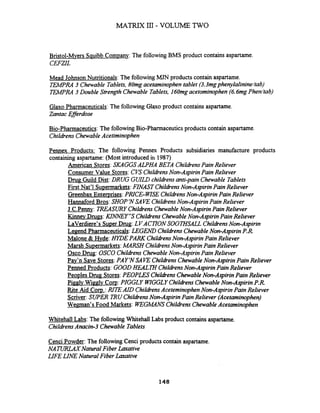 Bristol-Mvers Sauibb Companv: The followingBMS product contains aspartame.
CEFZIL
Mead Johnson Nutritionals: The followingMJN products contain aspartame.
TEMPRA 3 Chewable Tablets,80mg acetaminophentablet (3.3mgphenylalinine/tab)
TEiMPRA 3 Double Strength Chewable Tablets,l6Omgacetominophen (6.6mg Phen/tab)
Glaxo Pharmaceuticals: The following Glaxo product contains aspartame.
ZantacEflerdose
Bio-Pharmaceutics: The followingBio-Pharmaceutics products contain aspartame.
Childrens ChewableAcetiminophen
Pennex Products: The following Pennex Products subsidiaries manufacture products
containing aspartame: (Most introduced in 1987)
American Stores: SKAGGSALPHA BETA ChildrensPain Reliever
Consumer Value Stores:CVS ChildrensNon-Aspirin Pain Reliever
DIUPGuild Dist:DRUG GUILDchildrens anti-pain Chewable Tablets
First Nat'l Supermarkets:FINAST ChildrensNon-Aspirin Pain Reliever
Greenbax Entemrises:PRICE-WSE ChildrensNon-Aspirin Pain Reliever
Hannaford Bros: SHOP 'NSAKE ChildrensNon-Aspirin Pain Reliever
J.C.Penny: 7REASURYChildrensChewableNon-Aspirin Pain Reliever
Kimey Drum: KINNEY"S ChildrensChewableNon-Aspirin Pain Reliever
Laverdiere's Super Drug:LVACTlON SOOTHSALL ChildrensNon-Aspirin
Legend Pharmaceuticals:LEGEND ChildrensChewableNon-Aspirin P.R.
Malone & Hvde:HIDE PARK ChildrensNon-Aspirin Pain Reliever
Marsh Su~ermarkets:UARSH ChildrensNon-Aspirin Pain Reliever
Osco Drug: OSCO ChildrensChewableNon-Aspirin Pain Reliever
Pay'n Save Stores:PAY'N SAKE ChildrensChewableNon-Aspirin Pain Reliever
Penned Products: GOODHEALTH ChildrensNon-Aspirin Pain Reliever
Peoples Drug Stores:PEOPLES ChildrensChewableNon-Aspirin Pain Reliever
Pigglv Wigglv Corp:PIGGLY W7GGLYChildiens ChewableNon-Aspirin P.R
Rite Aid Corp.: H E R I D ChildrensAceteminophenNon-Aspirin Pain Reliever
Scriver: SUPER TUU ChildrensNon-Aspirin Pain Reliever (Acetaminophen)
Wemnan's Food Markets: WEGMANSChildrensChewableAcetaminophen
Whitehall Labs: The followingWhitehall Labs product containsaspartame.
ChildrensAnacin-3 Chewable Tablets
Cenci Powder: The followingCenci products contain aspartame.
NATUIRLAXNatural Fiber Laxative
LIFE LINE Natural Fiber Laxative
 