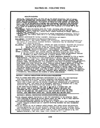 MATRIX 111-VOLUME TWO
HEALTH HAZARDS
Flush v ~ t hrunning vater for 15 o h . including under the eyelids.
Rcwve.eontaoinated clothing. Wash affected area with aoap and water.
'itrhalat on: Rewve to. f resh a i r . Restore and/or support breathing a s needed. Adrinister:
-0-h.m pneuoni t is.
In e s t i ~ .Gastric lovage with 5% solution Of sodium fo-ldehyde sulforylste. tollokid
- h Z NaHCO3. and finally leave 250 cc of the sodim fo-ldrhyde s u l f o ~ ~ l a t ei n the
sz-ch.
Seek medical assistancq for further treatment. observation and support.
SKIN CONTACT: Irritant/Sensitizer/Neurotoxin/Nephrotoxin.
Acute Exposure - May cause redness a ~ dirritation. Sensitization Dermititis
may occur in previously exposed workers. Substance may be absorbed through
intact skin causing anuria.
EYE CONTACT: Irritant. Acute Exposure - Contact may cause irritation. Solutions are corrosive
and may cause corneal injury or burns. Chronic Exposure - Mercury may be
deposited in the lens of the eye, causing visual disturbances.
INGESTION: lIeurotoxic/Nephrotoxic. Acute Exposure - When ingested, necrosis
begins immediately in the mouth, throat,eso~hagus,and stunach. Within a few
minutes, violent pain, profuse vomiting, and severe purging may occur. Patient
may die within a few minutes from fluid/electrolyte losses and peripheral vascular
collapse, b ~ tdeath (from uremia) is usually delayed 5 to 12 days.
1XiAi16i:Irritant/Snsitizer/Neurotoxin. . 28 MG/M3 imnediately dangerous to life or health.
Acute Exposure - Inh rlation of a high concentration of mercury vapor can cause almost
imediate dyspnea, cfwgh, fever, nausea and vomiting, diarrhea, stomatitis, salivation and
mtallic taste. Symptoms may resolve or may progl;ess to necrotizing bronchiolitis.&ne~nitis,
pulmonary edema, and pneunothorax. T h s syndrome is often fatal in children. ~cidosisand
renal damage with re'cral failure may occur. Inhaling volatile organic mercurials in high con-
centrations causes wtallic taste, dizziness, clunsiness, slurred speech, diarrhea, and
sometimes, fatal-con:ulsions. Chronic Exposure - Inhalation of mercury vapor, dusts, over a
long period causes'rn~rcurialism. Findings extremely variable & include tremors, salivation,
stomatitis, looseniny of teeth, blue lines on.guns, pain & mmbness in extremities, nephritis,
'diarrhea, anxiety, hcadach, weight loss, anorexia, anental depression, insomnia, irritability
& instability, hal1u:inations and evidence of mental deterioration.
SECTION7 -SPEClALPRECAUTIONSAND SPILUtEAK PROCEDURES
Store i n cloned unbre;:kable containerr (polyethylene)-in a cool, dry, ell-ventilatmd
nrca away from Souries of heat. Protect conwiners from phyrical damage.
Mercury evaporates vei.y slowly. Spilled Hg forms many tiny globules that w i l l evaporate
f a s t e r than a s i n g l e pool and can develop a i i g n i f i c a n t concentration of vapors i n an
unventilated area. $.uch vapors can be poisorbus, especially i f breathed over a long
period of time. Heated Hg evolves high levelh of toxic vapora.
LK) NOf 'IUUai SPILLEl) WIERIAL. SlUP LEAK IF U C3N DD I T UlllDUr RISK. FOK
SW.L S P I L ~ ,TAKE w WITH SAND OR O ~ E RAEEX 1BENT WITERIAL &MYPLA- INIU
CI~TAINERS FORun:I, DISIOSAL. A HER~IRYSPII.~.KIT MY ALXI BE USED FOR sw-I.
SPI1.L.S IN TIE WRKll ACZ. FOR I . M R SI'ILLS, DIKE PAR AJEIV) OF SPlLL FOR LAlER
DISMSAL. KEEP -1 ESSARY PEOPLE AWAY. ISOLATE 1WARD A R M AM) DENY ENTRY.
- - - - - - - -
SECTION 8 -SPECIAL PROTECTION INFORMATIONlCONTROLMEASURES
Provide adequa t e - e x h s G t .ventilation to 'meet T L V , requirements i n the wrkplace. Opera-
tions req&i?ing-'&~iposed Hg surface should reduce the temp. of Hg t o l i m i t vaporiza-
tion ~nd'miniaize'vaporexposure by using a local exbust.
Self-rontained breathtag mpparatua can be used up t o 5 n g h 3 with n f u l l facepiece above
1 ng/03. Pos r i v e jnesaure-type a l r supplied breathing equipment'haa been recomended
above I m.h'."
Avoid rye contact by ere of chemicaL r a f e t ~glasses. wear rubber gloves and protective
clothing appropriatr for the work situation. Sep.rate w r k and s t r e e t clothins. Store
work c l o t l ~ i n gi n spacial lockers. 'Shovers to be taken before changing to s t r e e t clothes
Provide prep1acemnt $.ad periodic medi-a1 exams f o r those regularlv exposed t o HR. with
emphasis dlrected tc. CNS. skin. l u n ~ s ,l i ' ~ e r . kidneys and C.I. t r a c t .
 