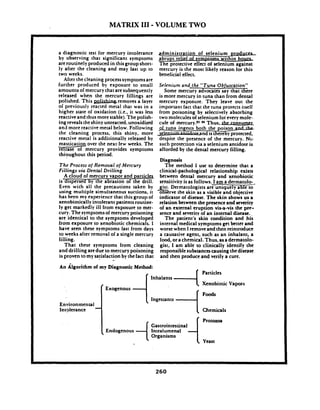 MATRIX 111-VOLUME TWO
a diagnostic test for mercury intolerance
by observing that significant symptoms
areroutinely produced in this groupshort-
ly after the cleaning and may last up to
two weeks.
~ t t e rthe cleaning processsymptomsare
further produced by exposure to small
amounts of mercury that aresubsequently
released when the mercury fillings are
polished. This -removes a layer
of previously reacted metal that was in a
higher state of oxidation (i.e., it was less
reactiveand thus more stable).The polish-
ingrevealsthe shiny unreacted, unoxidized
and more reactive metal below. Following
the cleaning process, this shiny, more
reactive metal is additionally released by
mastication over the next few weeks. The
?elease of mercury provides symptoms
throughout this period.
The Process o/ Removal of Mercury
Fillings via .Dental Drilling
A cloud of mercury vapor and particles
is dispersed by the abrasion of the drill.
Even with all the precautions taken by
using multiple simultaneous suctions. it
has been my experierlcc that this group ol
xenobiodcally intolerant patientsroutine-
ly get markedly ill from exposure to mer-
cury. Thesymptomsof mercury poisoning
are identical to the symptoms developed
fro;m exposure to xenobiotic chemicals. I
have seen these symptoms last from days
to weeks afterremoval of a single mercury
filling.
That these symptoms from cleaning
and drilling aredue to mercury poisoning
is proven to my satisfaction by the fact that
-
~dministrationof selenium prod-
abrupt relief of s v m p u m ~within h o w
The protective effect of selenium against
mercury is the most likely reason for this
beneficial effect.
Selenium and the "Tuna Obfuscalion"
Some mercury advocates say that there
is more mercury in tuna than from dental
mercury exposure. They leave out the
important fact that the tuna protects itself
from poisoning by selectively absorbing
two molecules of selenium for everymole-
cule of mercury.22 2s Thus,& c o n s u w
despite the presence of the mercury. No
such protection via a selenium antidote is
affordedby the dental mercury filling.
Diagnosis
The method I use to determine that a
clinical-pathological relationship exists
between dental mercury and xenobiotic
sensitivity is as follows. I am a dermatolo-_
gist. Dermatologists are unique1y able to
z e r v e the skin as a visible and objective
indicator ofdisease. The skin shows us a
relation between the presence and severity
of an external eruption vis-a-vis the prt-
sence and severity of an internal disease. ,
The patient's skin condition and his
internal medical symptoms get better and
worse when I removeand then reintroduce
a causative agent, such as an inhalant, a
food,ora chemical. Thus, asa dermatolo-
gist, I am able to clinically identify the
responsible substancescausing thedisease
and then produce and verify a cure.
An Algorithm of my Diagnostic Method:
f Inhalants d
Environmental
Int?lerance
f Particles
( Xenobiotic Vapors
Foods
Ingestants
Chemicals
Protozoa
Gastrointestinal
(Endogenou.s- Int&zd 4Yeast
 