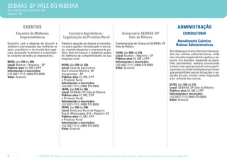 SEBRAE-SP VALE DO RIBEIRA
Rua José Antonio de Campos, 297
Registro - SP




            EVENTOs                                                                                                                                ADMINISTRAÇÃO
       Encontro de Mulheres                      Encontro AgroSebrae -                            Aniversário SEBRAE-SP                                 CONSULTORIA
         Empreendedoras                       Legalização do Produtor Rural                           Vale do Ribeira
                                                                                                                                                   Atendimento Coletivo:
Encontro com o objetivo de discutir e        Palestra seguida de debate e consulto-          Comemoração de 15 anos do SEBRAE-SP
analisar a participação das mulheres no      ria sobre gestão, formalização e merca-         Vale do Ribeira                                      Rotinas Administrativas
setor econômico e no mundo dos negó-         do, visando despertar o interesse do pú-                                                       Atividade que reúne clientes interessa-
cios, buscando incentivar o crescimen-       blico alvo em buscar e implantar ações          13/04, das 09h às 12h                          dos nas rotinas administrativas, onde
to conjunto de todas as empresárias.         de melhoria da competitividade da sua           Local: Bunkyo – Registro - SP                  um consultor especialista explica o as-
                                             empresa rural.                                  Público-alvo: EI, ME e EPP                     sunto, tira dúvidas, responde as ques-
08/03, das 15h às 20h                                                                        Informações e inscrições:                      tões pertinentes, sempre provocando
Local: Bunkyo – Registro - SP                04/04, das 10h às 12h                           (13) 3821-7111 | 0800 570 0800                 a maior interação possível com os parti-
Público-alvo: EI, ME e EPP                   Local: Casa da Agricultura                      Valor: Gratuito                                cipantes e criando condições favoráveis
Informações e inscrições:                    Rua Frutuoso Moreira, 90                                                                       que possibilitem que as situações e so-
(13) 3821-7111 | 0800 570 0800               Jacupiranga - SP                                                                               luções de uns, sirvam como inspiração
Valor: Gratuito                              Público-alvo: EI, ME, EPP                                                                      e/ou reflexão dos outros.
                                             e Produtor Rural
                                             Informações e inscrições:                                                                      01/03, das 15h às 17h
                                             (13) 3821-7111 | 0800 570 0800                                                                 Local: SEBRAE-SP Vale do Ribeira
                                             18/04, das 14h às 16h                                                                          Público-alvo: EI, ME e EPP
                                             Local: SEBRAE-SP Vale do Ribeira                                                               Informações e inscrições:
                                             Público-alvo: EI, ME, EPP                                                                      (13) 3821-7111| 0800 570 0800
                                             e Produtor Rural                                                                               Valor: Gratuito
                                             Informações e inscrições:
                                             (13) 3821-7111 | 0800 570 0800
                                             30/04, das 18h às 20h
                                             Local: Sindicato Rural de Registro
                                             Rua H. Matsuzawa, 875 – Registro-SP
                                             Público-alvo: EI, ME, EPP
                                             e Produtor Rural
                                             Informações e inscrições:
                                             (13) 3821-7111 | 0800 570 0800
                                             Valor: Gratuito




4                       O SEBRAE-SP reserva-se o direito de cancelar o curso, palestra ou oficina caso não haja número suficiente de inscritos e/ou pagantes.
 
