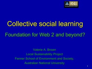 Collective social learning
Foundation for Web 2 and beyond?

               Valerie A. Brown
          Local Sustainability Project
   Fenner School of Environment and Society,
         Australian National University
                                               1
 