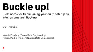 Buckle up!
Field notes for transitioning your daily batch jobs
into realtime architecture.
Current 2022
Valerie Burchby (Game Data Engineering)
Xinran Waibel (Personalization Data Engineering)
 