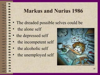 Markus and Nurius 1986

•   The dreaded possible selves could be
•    the alone self
•   the depressed self
•    the incompetent self
•    the alcoholic self
•    the unemployed self

                                           18
 
