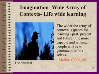 Imagination- Wide Array of
   Contexts- Life wide learning

                  The wider the array of
                  contexts, (spaces for
                  learning –past, present
                  and future), the more
                  capable and willing,
                  people will be to
                  generate possible
                  selves.
                    Markus (2006, xii)
The Searcher
                                            26
 