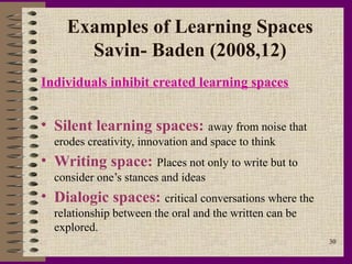 Examples of Learning Spaces
      Savin- Baden (2008,12)
Individuals inhibit created learning spaces


• Silent learning spaces: away from noise that
  erodes creativity, innovation and space to think
• Writing space: Places not only to write but to
  consider one’s stances and ideas
• Dialogic spaces: critical conversations where the
  relationship between the oral and the written can be
  explored.
                                                         30
 