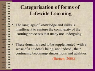 Categorisation of forms of
        Lifewide Learning

• The language of knowledge and skills is
  insufficient to capture the complexity of the
  learning processes that many are undergoing.

• These domains need to be supplemented with a
  sense of a student’s being, and indeed , their
  continuing becoming- dispositions and qualities.
                            (Barnett, 2008)
                                                     34
 