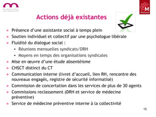 Actions déjà existantes
• Présence d’une assistante social à temps plein
• Soutien individuel et collectif par une psychologue libérale
• Fluidité du dialogue social :
• Réunions mensuelles syndicats/DRH
• Moyens en temps des organisations syndicales
• Mise en œuvre d’une étude absentéisme
• CHSCT distinct du CT
• Communication interne (livret d’accueil, lien RH, rencontre des
nouveaux engagés, registre de sécurité informatisé)
• Commission de concertation dans les services de plus de 30 agents
• Commissions reclassement (DRH et service de médecine
préventive)
• Service de médecine préventive interne à la collectivité
15
 