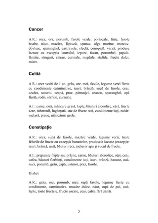5
Cancer
A.R.: orez, orz, porumb, fasole verde, portocale, linte, fasole
boabe, năut, mazăre, lăptucă, spanac, alge marine, morcov,
dovleac, sparanghel, castravete, sfeclă, conopidă, varză, produse
lactate cu excepţia iaurtului, iepure, fazan, porumbel, papaia,
lămâie, struguri, cireşe, curmale, migdale, stafide, fructe dulci,
miere.
Colită
A.R.: orez vechi de 1 an, grâu, orz, mei, fasole, legume verzi fierte
cu condimente carminative, iaurt, brânză, supă de fasole, ceai,
ceafea, usturoi, ceapă, praz, pătrunjel, anason, sparanghel, apă
fiartă, rodii, stafide, curmale.
A.I.: carne, ouă, mâncare grasă, lapte, băuturi alcoolice, oţet, fructe
acre, tuberculi, îngheţată, suc de fructe reci, condimente iuţi, zahăr,
melasă, prune, mâncăruri grele.
Constipaţie
A.R.: orez, supă de fasole, mazăre verde, legume verzi, toate
felurile de fructe cu excepţia bananelor, produsele lactate (excepţie:
iaurt, brânză, unt), băuturi reci, inclusiv apa şi sucul de fructe.
A.I.: preparate fripte sau prăjite, carne, băuturi alcoolice, oţet, ceai,
cafea, băuturi fierbinţi, condimente iuţi, iaurt, brânză, banane, ouă,
nuci, porumb, grâu, eapă, usturoi, praz, fasole.
Diabet
A.R.: grâu, orz, porumb, mei, supă fasole, legume fierte cu
condimente, carminative, mazăre dulce, năut, supă de pui, ouă,
lapte, toate fructele, fructe uscate, ceai, cafea fără zahăr.
 