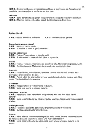 N.M.G. : Cu iubire si bucurie imi accept sexualitatea si exprimarea sa. Accept numai
gandurile care ma sprijina si ma fac sa ma simt bine.
Bataturi
C.M.P. : Zone densificate ale grijilor. Incapatanare in a te agata de durerile trecutului.
N.M.G. : Ma misc inainte, eliberat de trecut. Sunt in siguranta. Sunt liber.
Boli cu litera C
C.M.P. = cauza mentala a problemei N.M.G. = noul model de gandire
Comedoane (puncte negre)
C.M.P. : Mici izbucniri de manie.
N.M.G. : Sunt calm si senin in gandurile mele.
Crampe abdominale
C.M.P. : Teama. Proces stopat in evolutia vietii.
N.M.G. : Am incredere in procesul vietii. Sunt in siguranta.
Chelie
C.M.P. : Teama. Tensiune. Incercarea de a controla totul. Neincredre in procesul vietii.
N.M.G. : Sunt in siguranta. Ma iubesc si ma aprob. Am incredere in viata.
Cheratita
C.M.P. : Furie extrema, devastatoare, terifianta. Dorinta nebuna de a lovi sau de a
distruge pe oricine si orice din cale.
N.M.G. : Permit iubirii din adancul inimii mele sa vindece absolut tot ceea ce vad. Aleg
pacea. Totul este bine in lumea mea.
Cataracta
C.M.P. : Incapacitate de a vedea inainte cu bucurie.
N.M.G. : Viata este eterna si plina de bucurie.
Congestie cerebrala
C.M.P. : Respingera vietii. Renuntare. Incapatanare.”Mai bine mor decat sa ma
schimb”.
N.M.G. : Viata se schimba, iar eu integrez noul cu usurinta. Accept viata trecut, prezent
si viitor.
Creier (afectiuni)
C.M.P. : Tabloul de siguranta, computerul organismului este in dezordine.
N.M.G. : Sunt operatorul iubitor al mintii mele.
Cancer
C.M.P. : Rana adanca. Resentiment stagnat de multa vreme. Durere sau secret adanc
ce mananca din viata sau din eu, creand ura. “Care este rostul ?”
N.M.G. : Iert si eliberez trecutul cu iubire. Aleg sa-mi umplu lumea cu bucurie si ma
aprob.
14
14
 