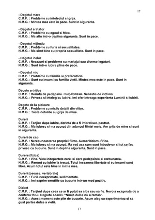 - Degetul mare
C.M.P. : Probleme cu intelectul si grija.
N.M.G. : Mintea mea este in pace. Sunt in siguranta.
- Degetul aratator
C.M.P. : Probleme cu egoul si frica.
N.M.G. : Ma aflu intr-o deplina siguranta. Sunt in pace.
- Degetul mijlociu
C.M.P. : Probleme cu furia si sexualitatea.
N.M.G. : Ma simt bine cu propria sexualitate. Sunt in pace.
- Degetul inelar
C.M.P. : Necazuri si probleme cu mariajul sau diverse legaturi.
N.M.G. : Sunt intr-o iubire plina de pace.
- Degetul mic
C.M.P. : Probleme cu familia si prefacatoria.
N.M.G. : Sunt eu insumi cu familia vietii. Mintea mea este in pace. Sunt in
siguranta.
Degete artritice
C.M.P. : Dorinta de pedepsire. Culpabilizari. Senzatia de victima
N.M.G. : Privesc si inteleg cu iubire. Imi ofer intreaga experienta Luminii si Iubirii.
Degete de la picioare
C.M.P. : Probleme cu micile detalii din viitor.
N.M.G. : Toate detaliile au grija de mine.
Dureri
C.M.P. : Tanjire dupa iubire, dorinta de a fi imbratisat, pastrat.
N.M.G. : Ma iubesc si ma accept din adancul fiintei mele. Am grija de mine si sunt
in siguranta.
Dureri de cap
C.M.P. : Nerecunoasterea propriei fiinte. Autocriticism. Frica.
N.M.G. : Ma iubesc si ma accept. Ma vad asa cum sunt intradevar si tot ce fac
privesc cu bucurie. Sunt in deplina siguranta. Sunt in pace.
Durere (fizica)
C.M.P. : Vina. Vina indepartata care isi cere pedepsirea si razbunarea.
N.M.G. : Renunt cu iubire la trecut. Totul inseamna libertate si eu insumi sunt
liber. Acum totul este bine in inima mea.
Dureri (osoase, vertebrale)
C.M.P. : Furie neexprimata, sedimentata.
N.M.G. : Imi exprim emotiile cu bucurie intr-un mod pozitiv.
Diabet
C.M.P. : Tanjind dupa ceea ce ar fi putut sa aiba sau sa fie. Nevoia exagerata de a
controla totul. Regrete adanci. “Nimic dulce nu a ramas”.
N.M.G. : Acest moment este plin de bucurie. Acum aleg sa experimentez si sa
gust partea dulce a vietii.
17
17
 