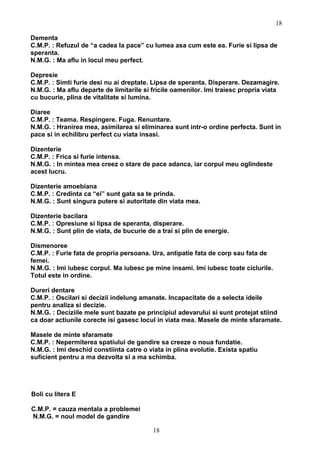 Dementa
C.M.P. : Refuzul de “a cadea la pace” cu lumea asa cum este ea. Furie si lipsa de
speranta.
N.M.G. : Ma aflu in locul meu perfect.
Depresie
C.M.P. : Simti furie desi nu ai dreptate. Lipsa de speranta. Disperare. Dezamagire.
N.M.G. : Ma aflu departe de limitarile si fricile oamenilor. Imi traiesc propria viata
cu bucurie, plina de vitalitate si lumina.
Diaree
C.M.P. : Teama. Respingere. Fuga. Renuntare.
N.M.G. : Hranirea mea, asimilarea si eliminarea sunt intr-o ordine perfecta. Sunt in
pace si in echilibru perfect cu viata insasi.
Dizenterie
C.M.P. : Frica si furie intensa.
N.M.G. : In mintea mea creez o stare de pace adanca, iar corpul meu oglindeste
acest lucru.
Dizenterie amoebiana
C.M.P. : Credinta ca “ei” sunt gata sa te prinda.
N.M.G. : Sunt singura putere si autoritate din viata mea.
Dizenterie bacilara
C.M.P. : Opresiune si lipsa de speranta, disperare.
N.M.G. : Sunt plin de viata, de bucurie de a trai si plin de energie.
Dismenoree
C.M.P. : Furie fata de propria persoana. Ura, antipatie fata de corp sau fata de
femei.
N.M.G. : Imi iubesc corpul. Ma iubesc pe mine insami. Imi iubesc toate ciclurile.
Totul este in ordine.
Dureri dentare
C.M.P. : Oscilari si decizii indelung amanate. Incapacitate de a selecta ideile
pentru analiza si decizie.
N.M.G. : Deciziile mele sunt bazate pe principiul adevarului si sunt protejat stiind
ca doar actiunile corecte isi gasesc locul in viata mea. Masele de minte sfaramate.
Masele de minte sfaramate
C.M.P. : Nepermiterea spatiului de gandire sa creeze o noua fundatie.
N.M.G. : Imi deschid constiinta catre o viata in plina evolutie. Exista spatiu
suficient pentru a ma dezvolta si a ma schimba.
Boli cu litera E
C.M.P. = cauza mentala a problemei
N.M.G. = noul model de gandire
18
18
 