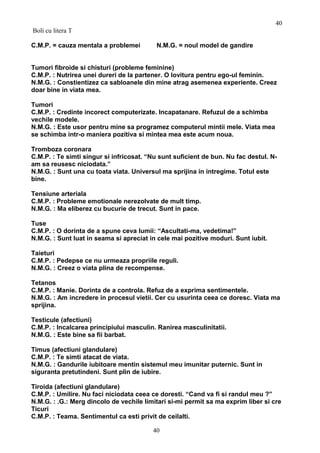 Boli cu litera T
C.M.P. = cauza mentala a problemei N.M.G. = noul model de gandire
Tumori fibroide si chisturi (probleme feminine)
C.M.P. : Nutrirea unei dureri de la partener. O lovitura pentru ego-ul feminin.
N.M.G. : Constientizez ca sabloanele din mine atrag asemenea experiente. Creez
doar bine in viata mea.
Tumori
C.M.P. : Credinte incorect computerizate. Incapatanare. Refuzul de a schimba
vechile modele.
N.M.G. : Este usor pentru mine sa programez computerul mintii mele. Viata mea
se schimba intr-o maniera pozitiva si mintea mea este acum noua.
Tromboza coronara
C.M.P. : Te simti singur si infricosat. “Nu sunt suficient de bun. Nu fac destul. N-
am sa reusesc niciodata.”
N.M.G. : Sunt una cu toata viata. Universul ma sprijina in intregime. Totul este
bine.
Tensiune arteriala
C.M.P. : Probleme emotionale nerezolvate de mult timp.
N.M.G. : Ma eliberez cu bucurie de trecut. Sunt in pace.
Tuse
C.M.P. : O dorinta de a spune ceva lumii: “Ascultati-ma, vedetima!”
N.M.G. : Sunt luat in seama si apreciat in cele mai pozitive moduri. Sunt iubit.
Taieturi
C.M.P. : Pedepse ce nu urmeaza propriile reguli.
N.M.G. : Creez o viata plina de recompense.
Tetanos
C.M.P. : Manie. Dorinta de a controla. Refuz de a exprima sentimentele.
N.M.G. : Am incredere in procesul vietii. Cer cu usurinta ceea ce doresc. Viata ma
sprijina.
Testicule (afectiuni)
C.M.P. : Incalcarea principiului masculin. Ranirea masculinitatii.
N.M.G. : Este bine sa fii barbat.
Timus (afectiuni glandulare)
C.M.P. : Te simti atacat de viata.
N.M.G. : Gandurile iubitoare mentin sistemul meu imunitar puternic. Sunt in
siguranta pretutindeni. Sunt plin de iubire.
Tiroida (afectiuni glandulare)
C.M.P. : Umilire. Nu faci niciodata ceea ce doresti. “Cand va fi si randul meu ?”
N.M.G. : .G.: Merg dincolo de vechile limitari si-mi permit sa ma exprim liber si cre
Ticuri
C.M.P. : Teama. Sentimentul ca esti privit de ceilalti.
40
40
 