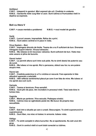 Umflaturi
C.M.P. : Intepenit in ganduri. Mici expresii ale urii. Credinta in uratenie.
N.M.G. : Gandurile mele curg liber si usor. Sunt iubirea si frumusetea vietii in
deplina sa expresie.
Boli cu litera V
C.M.P. = cauza mentala a problemei N.M.G. = noul model de gandire
Vertij
C.M.P. : Lucruri usoare, imprastiate. Refuz de a privi.
N.M.G. : Sunt adanc centrat si in pace in viata.
Virus Epstein – Barr
C.M.P. : Impingere dincolo de limite. Teama de a nu fi suficient de bun. Drenarea
intregului suport interior. Virusul stresului.
N.M.G. : Ma relaxez si-mi recunosc valoarea. Sunt suficient de bun. Viata mea
este usoara si plina de bucurie.
Viermi inelari
C.M.P. : Le permiti altora sa-ti intre sub piele. Nu te simti destul de puternic sau
de curat.
N.M.G. : Ma iubesc si ma aprob. Nici o persoana, obiect sau loc nu are putere
asupra mea.
Viermi lati
C.M.P. : Credinta puternica in a fi o victima si necurat. Fara speranta in fata
atitudinii aparente a celorlalti.
N.M.G. : Altii reflecta sentimentul placut pe care il am fata de mine. Ma iubesc si
ma aprob asa cum sunt.
Varicela
C.M.P. : Teama si tensiune. Prea sensibil.
N.M.G. : Sunt plin de pace. Am incredere in procesul vietii. Totul este bine in
lumea mea.
Vaginita
C.M.P. : Manie pe partener. Vina sexuala. Pedeapsa sinelui.
N.M.G. : Iubirea mea se oglindeste peste tot. Ma bucur de propria mea
sexualitate.
Varice
C.M.P. : Esti intr-o situatie pe care o urasti. Descurajare. Te simti supramuncit si
supraincarcat.
N.M.G. : Sunt liber, ma misc si traiesc in armonie. Iubesc viata.
Vitiligo
C.M.P. : Te simti complet in afara lucrurilor. Nu ai apartenenta. Nu esti unul din
grup.
N.M.G. : Sunt in centrul vietii si sunt total conectat cu iubirea.
42
42
 