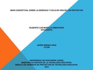 MAPA CONCEPTUAL SOBRE LA GERENCIA Y CICLO DE VIDA DE LOS PROYECTOS
GILBERTO LUIS MURILLO HINESTROZA
ESTUDIANTE
JAVIER MEDINA CRUZ
TUTOR
UNIVERSIDAD DE SANTANDER (UDES).
MAESTRÍA EN GESTION DE LA TECNOLOGIA EDUCATIVA.
MÓDULO DE GERENCIA DE PROYECTOS DE TECNOLOGIA EDUCATIVA.
2018
 