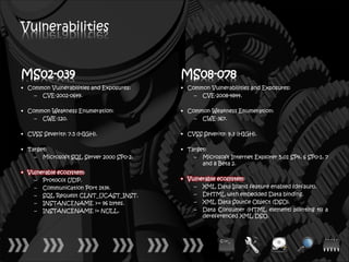 Vulnerabilities


MS02-039                                  MS08-078
• Common Vulnerabilities and Exposures:   • Common Vulnerabilities and Exposures:
    – CVE-2002-0649.                          – CVE-2008-4844.

• Common Weakness Enumeration:            • Common Weakness Enumeration:
    – CWE-120.                                – CWE-367.

• CVSS Severity: 7.5 (HIGH).              • CVSS Severity: 9.3 (HIGH).

• Target:                                 • Target:
    – Microsoft SQL Server 2000 SP0-2.        – Microsoft Internet Explorer 5.01 SP4, 6 SP0-1, 7
                                                 and 8 Beta 2.
• Vulnerable ecosystem:
    – Protocol UDP.                       • Vulnerable ecosystem:
    – Communication Port 1434.                – XML Data Island feature enabled (default).
    – SQL Request CLNT_UCAST_INST.            – DHTML with embedded Data binding.
    – INSTANCENAME >= 96 bytes.               – XML Data Source Object (DSO).
    – INSTANCENAME != NULL.                   – Data Consumer (HTML element) pointing to a
                                                 dereferenced XML DSO.
 