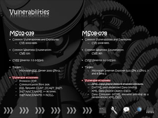 Vulnerabilities


MS02-039                                  MS08-078
• Common Vulnerabilities and Exposures:   • Common Vulnerabilities and Exposures:
    – CVE-2002-0649.                          – CVE-2008-4844.

• Common Weakness Enumeration:            • Common Weakness Enumeration:
    – CWE-120.                                – CWE-367.

• CVSS Severity: 7.5 (HIGH).              • CVSS Severity: 9.3 (HIGH).

• Target:                                 • Target:
    – Microsoft SQL Server 2000 SP0-2.        – Microsoft Internet Explorer 5.01 SP4, 6 SP0-1, 7
                                                 and 8 Beta 2.
• Vulnerable ecosystem:
    – Protocol UDP.                       • Vulnerable ecosystem:
    – Communication Port 1434.                – XML Data Island feature enabled (default).
    – SQL Request CLNT_UCAST_INST.            – DHTML with embedded Data binding.
    – INSTANCENAME >= 96 bytes.               – XML Data Source Object (DSO).
    – INSTANCENAME != NULL.                   – Data Consumer (HTML element) pointing to a
                                                 dereferenced XML DSO.
 