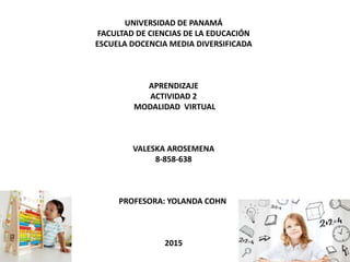 UNIVERSIDAD DE PANAMÁ
FACULTAD DE CIENCIAS DE LA EDUCACIÓN
ESCUELA DOCENCIA MEDIA DIVERSIFICADA
APRENDIZAJE
ACTIVIDAD 2
MODALIDAD VIRTUAL
VALESKA AROSEMENA
8-858-638
PROFESORA: YOLANDA COHN
2015
 