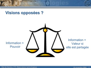Visions opposées ?




                                                   Information =
     Information =                                     Valeur si
        Pouvoir                                   elle est partagée




Etat de Genève, CTI, Observatoire technologique        18 novembre 2004   7
 