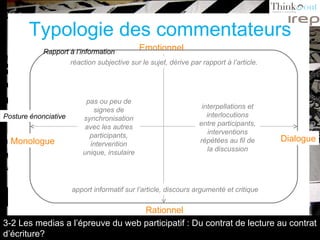 Typologie des commentateurs Emotionnel Rationnel Rapport à l’information Posture énonciative réaction subjective sur le sujet, dérive par rapport à l’article.  apport informatif sur l’article, discours argumenté et critique pas ou peu de signes de synchronisation avec les autres participants, intervention unique, insulaire interpellations et interlocutions entre participants, interventions répétées au fil de la discussion Monologue Dialogue 3-2 Les medias a l’épreuve du web participatif : Du contrat de lecture au contrat d’écriture? 