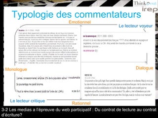 Typologie des commentateurs Emotionnel Rationnel Monologue Dialogue Le lecteur voyeur Le lecteur critique 3-2 Les medias a l’épreuve du web participatif : Du contrat de lecture au contrat d’écriture? 
