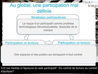 Participation et écriture Au global, une participation mal définie Stratégies participatives Participation et lecture Dispositifs  hétérogènes et confus , valorisation timide Flottement sur l’interprétation des rôles Pas de statut pour le participant    Comportements inégaux dont  certains peuvent menacer  l’intégrité éditoriale  du titre    Freins à l’action liés au sentiment de  non reconnaissance Perception d’espaces accessoires, en  discontinuité  avec le corps du titre Faible prise au sérieux des contenus, valeur ajoutée  ambivalente Le risque d’un participatif comme prothèse technologique décontextualisée, dissociée de la marque Des espaces et des publics qui échappent à tout contrat  3-2 Les medias a l’épreuve du web participatif : Du contrat de lecture au contrat d’écriture? 
