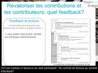 Revaloriser les contributions et les contributeurs: quel feedback? Feedback et écriture «  Je prendrais plus la parole si je pensais que ça mène à quelque chose »   pour parler chez le titre: faciliter les échanges interindividuels Le système de commentaires en cascade de Libé 3-2 Les medias a l’épreuve du web participatif : Du contrat de lecture au contrat d’écriture? 