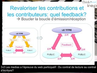 Revaloriser les contributions et les contributeurs: quel feedback?    Boucler la boucle d’émission/réception 3-2 Les medias a l’épreuve du web participatif : Du contrat de lecture au contrat d’écriture? 