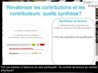 Revaloriser les contributions et les contributeurs: quelle synthèse? Synthèse et lecture «  Il faudrait mieux organiser les contenus, souvent c’est décourageant »   Par des opérations de qualification «  il faudrait un label qualité »  « on pourrait noter les meilleurs commentaires, faire une hiérarchisation » 3-2 Les medias a l’épreuve du web participatif : Du contrat de lecture au contrat d’écriture? 