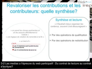 Revaloriser les contributions et les contributeurs: quelle synthèse? Par des opérations de qualification Par des opérations de redistribution Synthèse et lecture «  Il faudrait mieux organiser les contenus, souvent c’est décourageant »   « une logique de création de remontée à la fin » « un best of »  « on prend les choses pertinentes et on les associe officiellement à l’article » 3-2 Les medias a l’épreuve du web participatif : Du contrat de lecture au contrat d’écriture? 