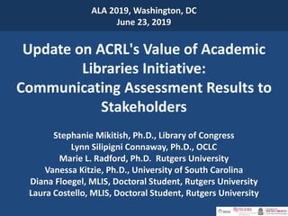 ALA 2019, Washington, DC
June 23, 2019
Update on ACRL's Value of Academic
Libraries Initiative:
Communicating Assessment Results to
Stakeholders
Stephanie Mikitish, Ph.D., Library of Congress
Lynn Silipigni Connaway, Ph.D., OCLC
Marie L. Radford, Ph.D. Rutgers University
Vanessa Kitzie, Ph.D., University of South Carolina
Diana Floegel, MLIS, Doctoral Student, Rutgers University
Laura Costello, MLIS, Doctoral Student, Rutgers University
 