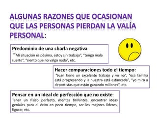 :
Predominio de una charla negativa
“Mi situación es pésima, estoy sin trabajo”, “tengo mala
suerte”, “siento que no valgo nada”, etc.
Hacer comparaciones todo el tiempo:
“Juan tiene un excelente trabajo y yo no”, “esa familia
está progresando y la nuestra está estancada”, “yo miro a
deportistas que están ganando millones”, etc.
Pensar en un ideal de perfección que no existe:
Tener un físico perfecto, mentes brillantes, encontrar ideas
geniales para el éxito en poco tiempo, ser los mejores líderes,
figurar, etc.
 
