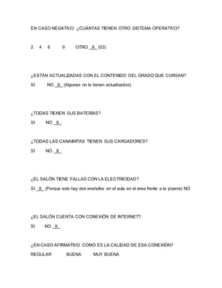 EN CASO NEGATIVO: ¿CUÁNTAS TIENEN OTRO SISTEMA OPERATIVO?
2 4 6 9 OTRO _X_ (03)
¿ESTÁN ACTUALIZADAS CON EL CONTENIDO DEL G...