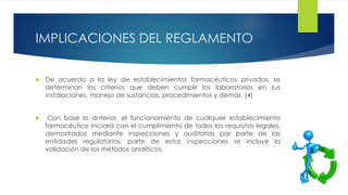  De acuerdo a la ley de establecimientos farmacéuticos privados, se
determinan los criterios que deben cumplir los laboratorios en sus
instalaciones, manejo de sustancias, procedimientos y demás. (4)
 Con base lo anterior, el funcionamiento de cualquier establecimiento
farmacéutico iniciará con el cumplimiento de todos los requisitos legales,
demostrados mediante inspecciones y auditorias por parte de las
entidades regulatorias; parte de estas inspecciones se incluye la
validación de los métodos analíticos.
IMPLICACIONES DEL REGLAMENTO
 