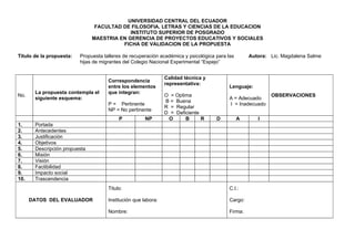 UNIVERSIDAD CENTRAL DEL ECUADOR
                                FACULTAD DE FILOSOFIA, LETRAS Y CIENCIAS DE LA EDUCACION
                                            INSTITUTO SUPERIOR DE POSGRADO
                               MAESTRIA EN GERENCIA DE PROYECTOS EDUCATIVOS Y SOCIALES
                                         FICHA DE VALIDACION DE LA PROPUESTA

Titulo de la propuesta:   Propuesta talleres de recuperación académica y psicológica para las       Autora: Lic. Magdalena Salme
                          hijas de migrantes del Colegio Nacional Experimental “Espejo”


                                                                Calidad técnica y
                                      Correspondencia
                                                                representativa:
                                      entre los elementos                                 Lenguaje:
       La propuesta contempla el      que integran:
No.                                                             O = Optima                                  OBSERVACIONES
       siguiente esquema:                                                                 A = Adecuado
                                                                B = Buena
                                      P = Pertinente                                      I = Inadecuado
                                                                R = Regular
                                      NP = No pertinente
                                                                D = Deficiente
                                           P           NP        O      B      R     D          A      I
1.     Portada
2.     Antecedentes
3.     Justificación
4.     Objetivos
5.     Descripción propuesta
6.     Misión
7.     Visión
8.     Factibilidad
9.     Impacto social
10.    Trascendencia
                                      Titulo:                                             C.I.:

      DATOS DEL EVALUADOR             Institución que labora:                             Cargo:

                                      Nombre:                                             Firma:
 