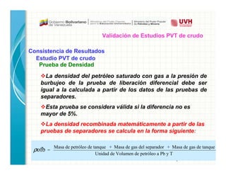 Elaborado por: Mirla J. Fonseca R.
La densidad del petróleo saturado con gas a la presión de
burbujeo de la prueba de liberación diferencial debe ser
igual a la calculada a partir de los datos de las pruebas de
separadores.
Esta prueba se considera válida si la diferencia no es
mayor de 5%.
La densidad recombinada matemáticamente a partir de las
pruebas de separadores se calcula en la forma siguiente:
ρofb =
Masa de petróleo de tanque + Masa de gas del separador + Masa de gas de tanque
Unidad de Volumen de petróleo a Pb y T
Consistencia de Resultados
Estudio PVT de crudo
Prueba de Densidad
Validación de Estudios PVT de crudo
 