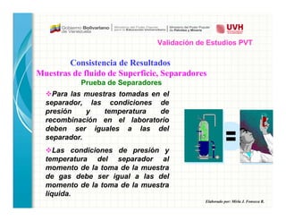 Elaborado por: Mirla J. Fonseca R.
Para las muestras tomadas en el
separador, las condiciones de
presión y temperatura de
recombinación en el laboratorio
deben ser iguales a las del
separador.
Las condiciones de presión y
temperatura del separador al
momento de la toma de la muestra
de gas debe ser igual a las del
momento de la toma de la muestra
líquida.
Consistencia de Resultados
Muestras de fluido de Superficie, Separadores
Prueba de Separadores
Validación de Estudios PVT
 