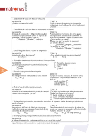 ᮣ26
INCORRECTA
¿Cuántos embarazos ha tenido?........................................................................................................
CORRECTA
Señale el número de veces que se ha quedado
embarazada, haya tenido un hijo o haya finalizado en
un aborto ........................................................................................................
Figura 1. Ejemplos de criterios a considerar en relación con la formulación de las preguntas
1. La definición de cada ítem debe ser exhaustiva.
INCORRECTA
El trabajo de los docentes y del personal de salud en
cuanto a la preparación de la familia en aspectos de
promoción y educación para la salud es:
□ Suficiente □ Regular □ Insuficiente
CORRECTA
A continuación se mencionan dos de los grupos
encargados de la preparación de las familias en
aspectos de promoción y educación para la salud.
¿Cómo considera su trabajo?
(Marque con una X su opción de respuesta)
Del colectivo docente:
□ Suficiente □ Regular □ Insuficiente
Del personal de salud:
□ Suficiente □ Regular □ Insuficiente
2. La definición de cada ítem debe ser mutuamente excluyente.
INCORRECTA
Actualmente, ¿tiene dismenorrea?
Sí □ No □
CORRECTA
¿Tiene actualmente dolor con la menstruación?
Sí □ No□
3. Utilizar preguntas breves y fáciles de comprender.
INCORRECTA
¿Qué castigos utiliza más frecuentemente con su hijo?
□ Golpes
□ Gritos
□ No salir los fines de semana
□ Quitarle la paga
□ Otros
¿Cuáles?..........................................................................................................
4. No emplear palabras que induzcan una reacción estereotipada.
INCORRECTA
No debe permitirse la publicidad de la leche artificial
Sí □ No □
CORRECTA
Marque en la casilla adecuada, de acuerdo con su
punto de vista. La publicidad a favor de la leche
artificial:
puede permitirse □
debe prohibirse □
no tengo opinión □
5. No redactar preguntas en forma negativa.
INCORRECTA
Con relación al funcionamiento del servicio de comedor
su valoración es negativa, ¿por qué?
CORRECTA
¿Qué aspectos considera que deberían mejorar en
relación con el servicio de comedor?
□ Que la comida se sirva caliente
□ Que el servicio sea más rápido
□ Que se incluya más variedad en el menú semanal
6. Evitar el uso de la interrogación «por qué».
INCORRECTA
Las matronas del Centro de Salud, ¿se encuentran
suficientemente preparadas para el tratamiento de los
contenidos de educación sexual?
Sí □ No □
CORRECTA
Para el tratamiento de los contenidos de educación
sexual, ¿se encuentran preparadas suficientemente las
matronas del Centro de Salud?
Sí □ No □ No tengo opinión □
7. No formular preguntas en las que una de las alternativas de respuesta sea tan deseable que, difícilmente,
pueda rehusarse.
INCORRECTA
A lo largo del pasado año, ¿cuántas veces tuvo un exceso de flujo vaginal?
8. Evitar preguntas que obliguen a hacer cálculos o esfuerzos de memoria.
 