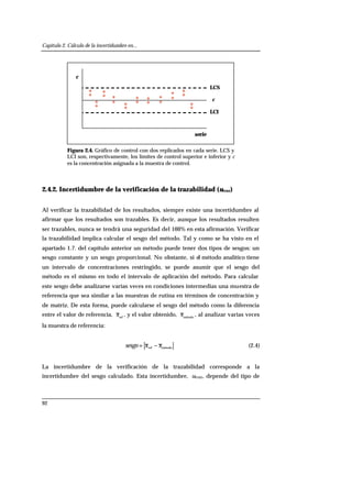 Capítulo 2. Cálculo de la incertidumbre en...
92
*
*
*
* *
*
serie
*
*
*
*
*
*
*
*
*
*
*
*
*
*
*
*
LCS
LCI
c
c
Figura 2.4. Gráfico de control con dos replicados en cada serie. LCS y
LCI son, respectivamente, los límites de control superior e inferior y c
es la concentración asignada a la muestra de control.
2.4.2. Incertidumbre de la verificación de la trazabilidad (utraz)
Al verificar la trazabilidad de los resultados, siempre existe una incertidumbre al
afirmar que los resultados son trazables. Es decir, aunque los resultados resulten
ser trazables, nunca se tendrá una seguridad del 100% en esta afirmación. Verificar
la trazabilidad implica calcular el sesgo del método. Tal y como se ha visto en el
apartado 1.7. del capítulo anterior un método puede tener dos tipos de sesgos: un
sesgo constante y un sesgo proporcional. No obstante, si el método analítico tiene
un intervalo de concentraciones restringido, se puede asumir que el sesgo del
método es el mismo en todo el intervalo de aplicación del método. Para calcular
este sesgo debe analizarse varias veces en condiciones intermedias una muestra de
referencia que sea similar a las muestras de rutina en términos de concentración y
de matriz. De esta forma, puede calcularse el sesgo del método como la diferencia
entre el valor de referencia, ref
x , y el valor obtenido, método
x , al analizar varias veces
la muestra de referencia:
métodoref xxsesgo −= (2.4)
La incertidumbre de la verificación de la trazabilidad corresponde a la
incertidumbre del sesgo calculado. Esta incertidumbre, utraz, depende del tipo de
 