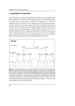 Capítulo 3. Cálculo de la incertidumbre en...
168
4. ASSESSMENT OF TRUENESS
In the assessment of trueness proportional and constant bias are calculated from
spiked samples. The calculation of these biases depends on whether blank samples
(i.e samples free from the analyte of interest) are available or not. If they are
available, both types of biases can be estimated from the spiked samples. If the
analyte is already present in the samples, only the proportional bias, expressed as
recovery, can be calculated from the spiked samples. Constant bias must be
calculated using the Youden Method [13]. This paper studies the latter case, i.e.
when no blank samples are available. We will show that results can be expressed
either as instrumental responses or, if a standard curve is used, as concentrations.
This is the most usual way to express results in a laboratory of analysis.
Precision
j
Type of sample
(matrix)
Amount spiked
Factor
i
k
r
….
..….
……….
111r
…
nr11
…
..….
…...
1amount
1sample
11r
11pr pnr1
…
pr1
psample
11jr jnr1
…
jr1
jsample
11lr
…
nlr 1
…
…...
l
amount
1sample
1lr
1lpr lpnr…
lpr
psample
1ljr ljnr…
ljr
jsample
……
iamount
Figure 1. Experimental design for obtaining information about matrix variability and
precision from the results obtained with spiked samples. l are the amounts of analyte added,
p is the number of different sample types of samples spiked and n is the number of analyses
performed on each sample. rijk is the result for the kth analysis of the jth sample spiked with
an amount of analyte i. These results are calculated as the difference between the
instrumental responses after and before spiking each type of sample. ijr is the mean of the k
results obtained for the jth sample spiked with an amount of sample i. ir is the mean of all
the results obtained for an amount i of analyte.
 