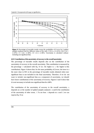 Capítulo 4. Incorporación del sesgo no significativo...
228
75
80
85
90
95
100
%traceablefutureresults
70
100 0102030405060708090
% β error
f=0
f=0.5
f=1
f=2
Figure 4. Percentage of traceable results versus the probability of β error for 5 spiked
samples analysed and for different values of the ratio f: f=0 ( ) (r=41%); f=0.5 ( )
(r=37%); f=1 ( ) (r=30%); f=2 ( ) (r=20%). Uncertainty is calculated without
including non-significant bias.
6.2.2. Contribution of the uncertainty of recovery to the overall uncertainty
The percentage of traceable results depends also on the contribution of the
uncertainty of recovery to the overall uncertainty. This contribution is measured by
the percentage r calculated with Eq. 12 (i.e. the higher is r, the higher is this
contribution). Figure 4 shows that, for the same probability of β error, the lower is r
the more close to 95% is the percentage of traceable results obtained when non-
significant bias is not included in the final uncertainty. Therefore, if we do not
want to include non-significant bias as a component of uncertainty, we should
have lower contributions of the uncertainty of recovery. Figures 3 and 4 show that
it is not necessary to include non-significant bias for r≤30%.
The contribution of the uncertainty of recovery to the overall uncertainty, r,
depends on: a) the number of spiked samples analysed, n; and b) the contribution
of the uncertainty of other terms, f. To see how r depends on n and f, we can
express Eq. 12 as:
 