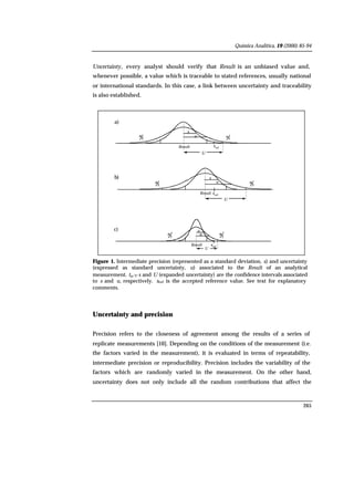 Química Analítica, 19 (2000) 85-94
265
Uncertainty, every analyst should verify that Result is an unbiased value and,
whenever possible, a value which is traceable to stated references, usually national
or international standards. In this case, a link between uncertainty and traceability
is also established.
U
a)
b)
c)
xref
xref
UU
xref
s
u
s
u
UU
ss
u
s
u
2
α
Result
Result
Result
2
α
2
α
2
α
2
α
2
α
Figure 1. Intermediate precision (represented as a standard deviation, s) and uncertainty
(expressed as standard uncertainty, u) associated to the Result of an analytical
measurement. tα/2·s and U (expanded uncertainty) are the confidence intervals associated
to s and u, respectively. xref is the accepted reference value. See text for explanatory
comments.
Uncertainty and precision
Precision refers to the closeness of agreement among the results of a series of
replicate measurements [10]. Depending on the conditions of the measurement (i.e.
the factors varied in the measurement), it is evaluated in terms of repeatability,
intermediate precision or reproducibility. Precision includes the variability of the
factors which are randomly varied in the measurement. On the other hand,
uncertainty does not only include all the random contributions that affect the
 