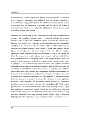 Apéndice 2
266
measurement but also the contributions derived from the estimation of systematic
errors. Therefore, uncertainty must include a term of precision estimated by
representatively varying all the factors that affect the measurement and another
term arising from the assessment of accuracy itself because in this process a
systematic error which is not statistically significant is estimated. As a result,
uncertainty is larger than precision.
Moreover, since uncertainty includes components arising from the assessment of
accuracy, the confidence interval Result ± Uncertainty includes the accepted
reference value whereas the confidence interval associated to precision in a
laboratory, i.e. Result ± tα/2·s (where s is an intermediate standard deviation which
considers all the random sources of variation within the laboratory), may not
comprise the accepted reference value. Figure 1 shows these concepts. In this
figure, a working sample has been analysed with two different analytical
procedures under intermediate precision conditions so that all the factors that
affect the measurement result (replicate, day, operator, etc.) are included. Since
both procedures should be previously traced to the accepted reference value, the
analytical results, expressed as Result, are traceable to the considered true value,
xref. In figure 1a and 1b, the sample is analysed with the same analytical procedure,
and in Figure 1c a more precise analytical procedure is used. In all three cases, the
uncertainty associated to the measurement result, U, is larger than the confidence
interval associated to the precision and comprises the accepted reference value, xref,
because it includes all the sources of variation arising from random components
(estimated with intermediate precision) and the component of uncertainty arising
from the assessment of accuracy (i.e. from the estimation of a non significant
systematic error). However, the confidence interval defined by intermediate
precision comprises the accepted reference value only in Figure 1b. This is because
precision does not include the term which arises from assessing accuracy. Figure
1b shows that the measurement result is closer to the accepted reference value than
in 1a, but that both results have the same precision and uncertainty because they
have been obtained with the same analytical method. Finally, Figure 1c shows that
higher precision than in previous cases normally means lower uncertainty values.
 
