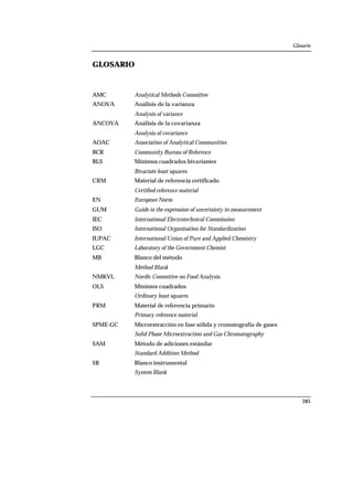 Glosario
285
GLOSARIO
AMC Analytical Methods Committee
ANOVA Análisis de la varianza
Analysis of variance
ANCOVA Análisis de la covarianza
Analysis of covariance
AOAC Association of Analytical Communities
BCR Community Bureau of Reference
BLS Mínimos cuadrados bivariantes
Bivariate least squares
CRM Material de referencia certificado
Certified reference material
EN European Norm
GUM Guide to the expression of uncertainty in measurement
IEC International Electrotechnical Commission
ISO International Organisation for Standardization
IUPAC International Union of Pure and Applied Chemistry
LGC Laboratory of the Government Chemist
MB Blanco del método
Method Blank
NMKVL Nordic Committee on Food Analysis
OLS Mínimos cuadrados
Ordinary least squares
PRM Material de referencia primario
Primary reference material
SPME-GC Microextracción en fase sólida y cromatografía de gases
Solid Phase Microextraction and Gas Chromatography
SAM Método de adiciones estándar
Standard Addition Method
SB Blanco instrumental
System Blank
 
